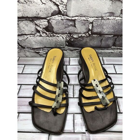 Taryn Rose Brown Leather Stone Slides Strap Heel Sandals Women Sz 38EU/7.5M US - Picture 2 of 16